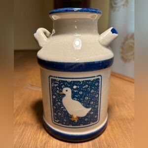 Farmhouse Country Milk Jug Vase 6.5"T Ceramic Off White Blue Duck Theme